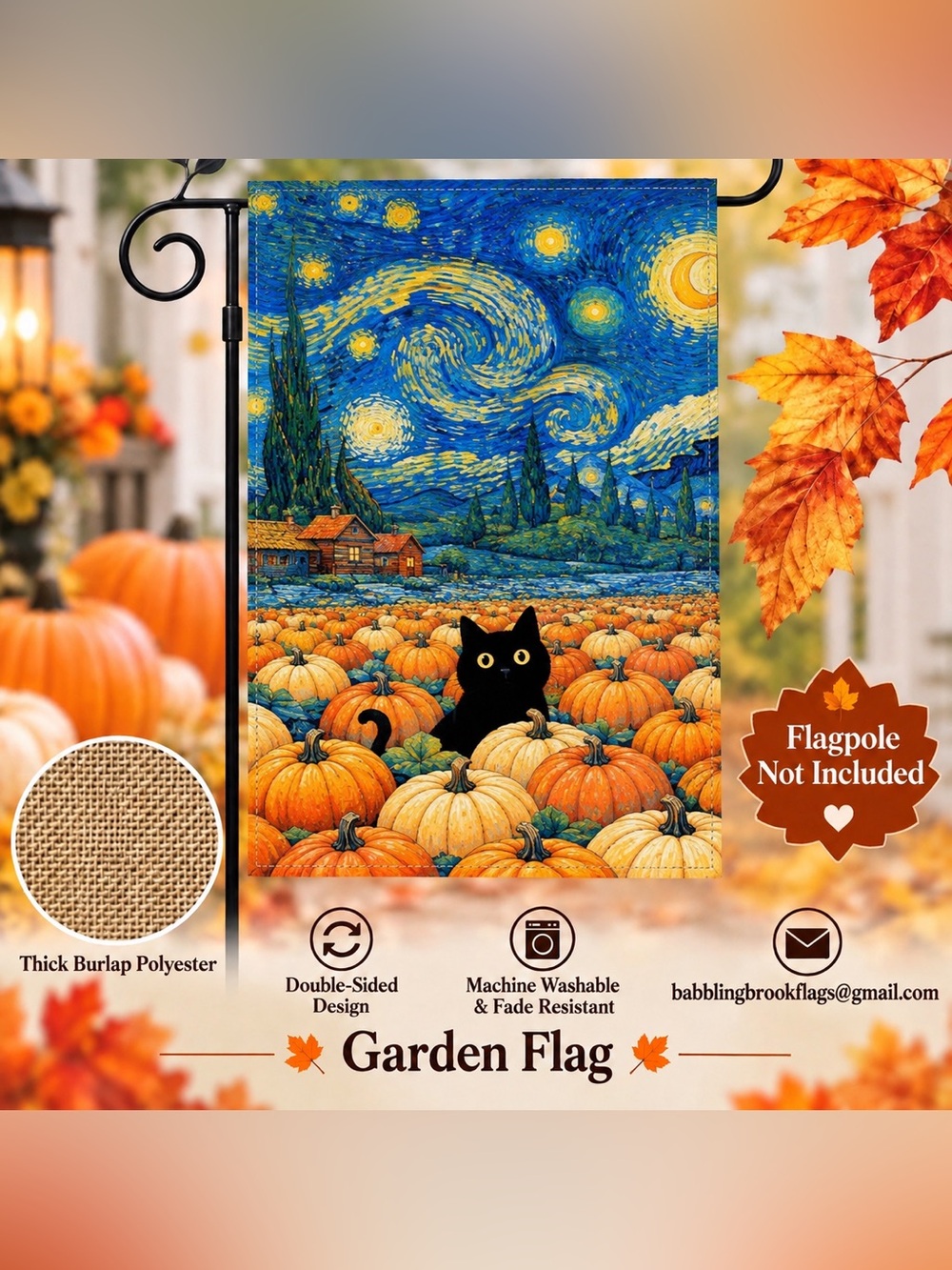 Garden Flag, Black Cat Starry Night Pumpkin, burlap, double-sided, 12“x18“